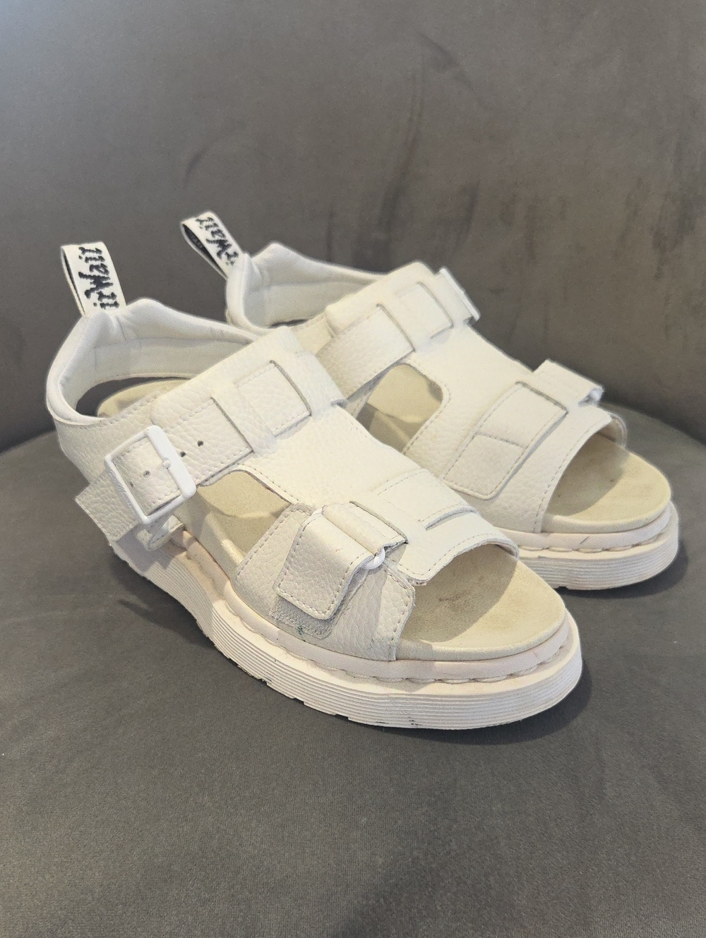 Dr. Martens Kamilah White Leather Buckle Strap Sandals